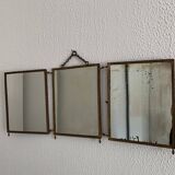Vintage mirror 1900 barber triptych brass and wood - 29 x 70 cm