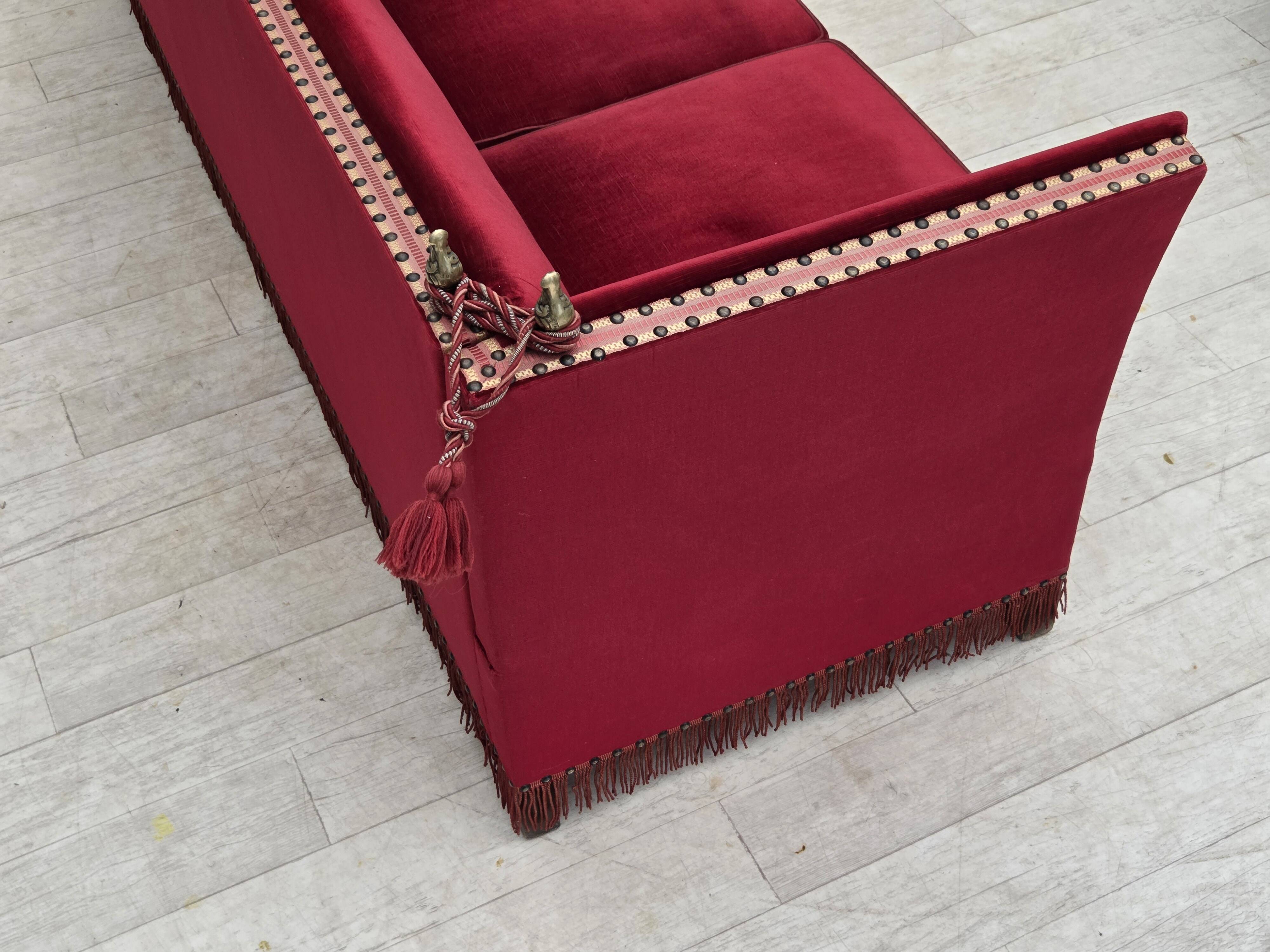 1970s, Danish 3-seater drop arm "Spanish" sofa, red furniture velour.