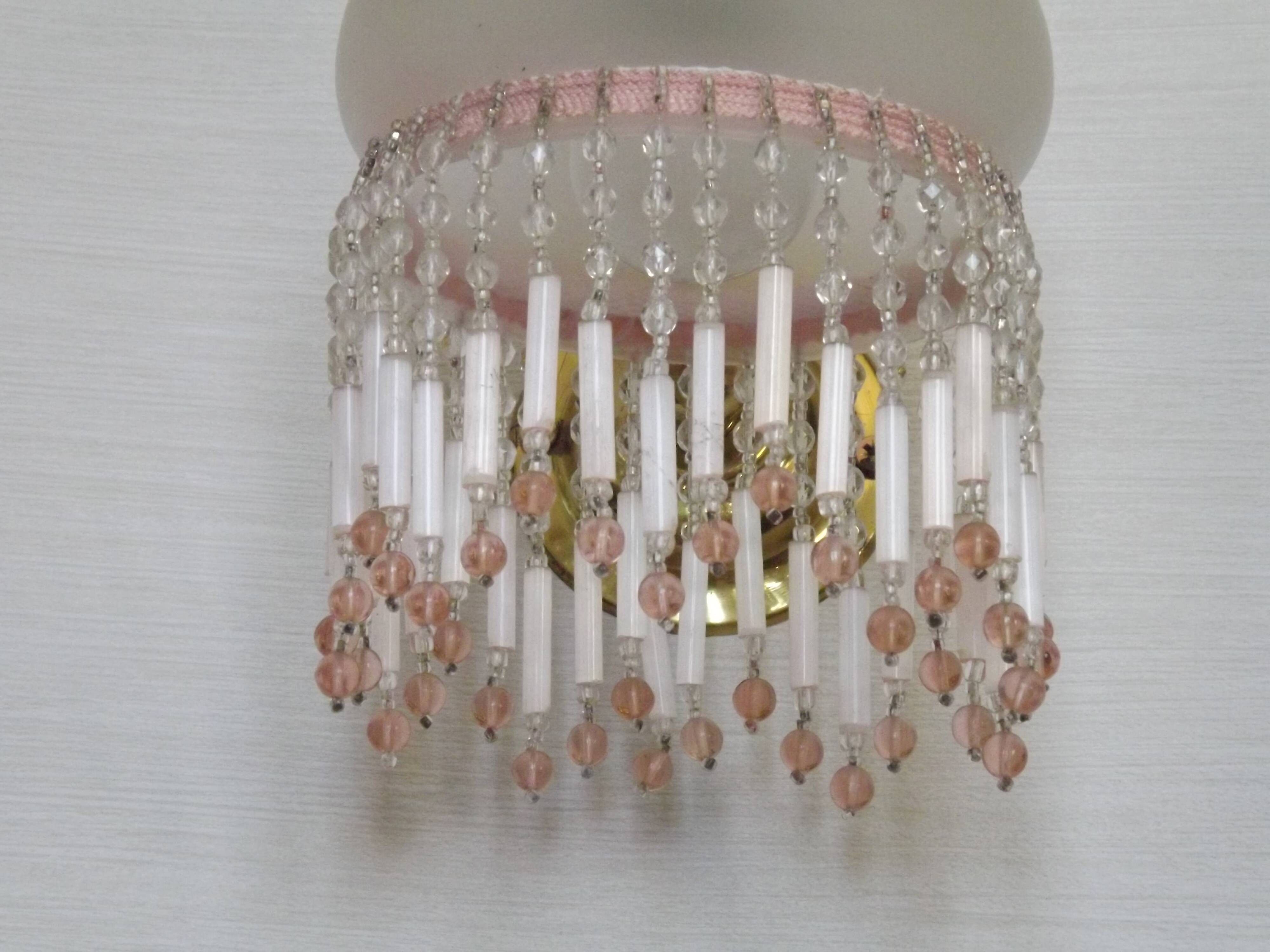 Pair of French Vintage Gold Wall Lights Pink Glass Beaded Fringe Shades