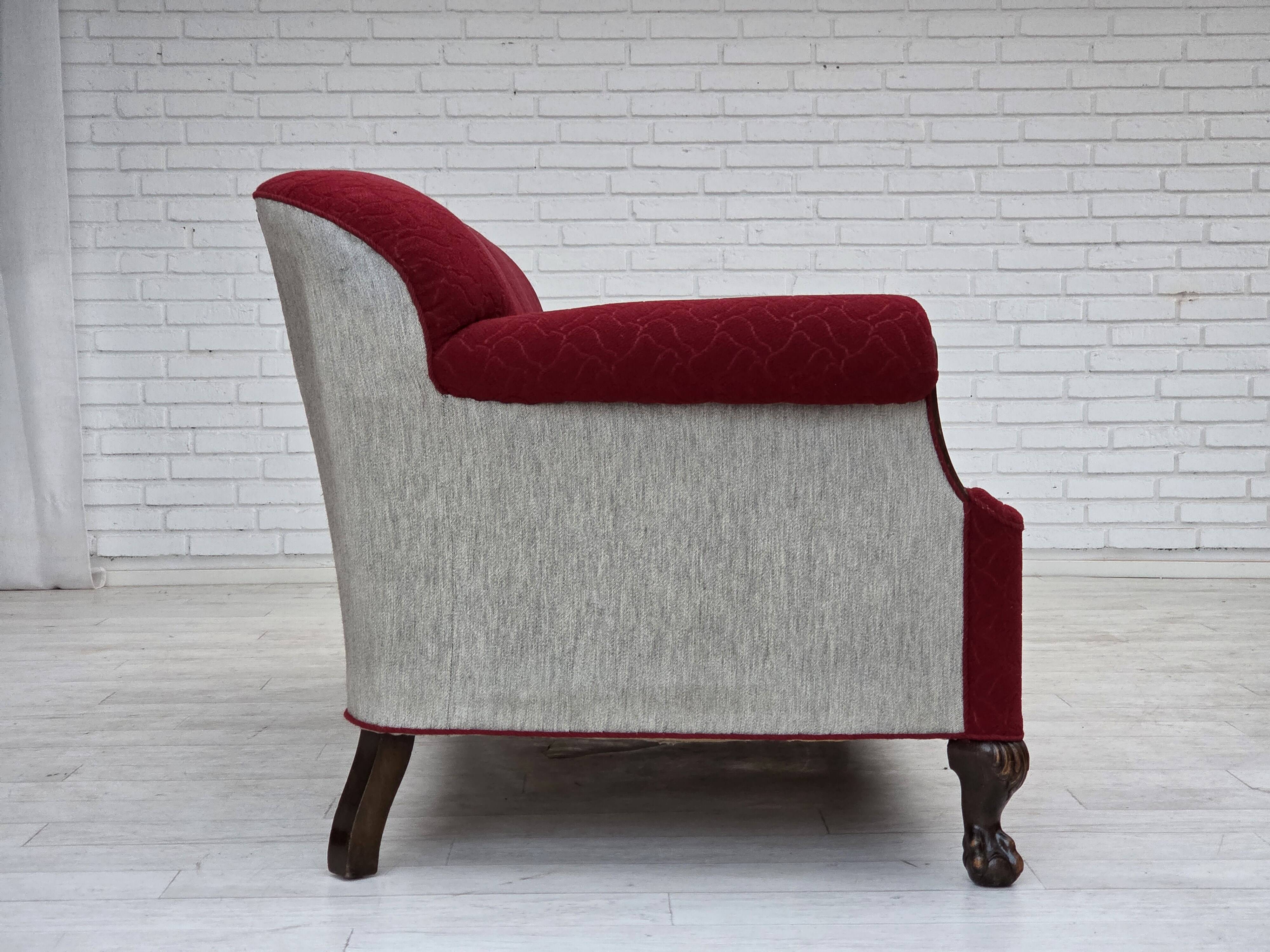 1950s, Danish 3-seater sofa, red and light grey furniture wool, oak wood.