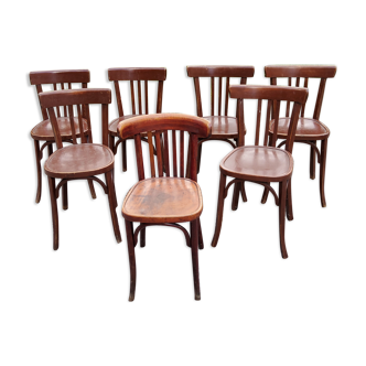 Set of 7 antique Mahieu bistro chairs