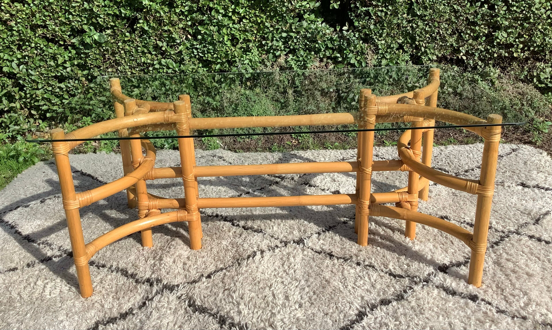 1970s rattan and glass coffee table