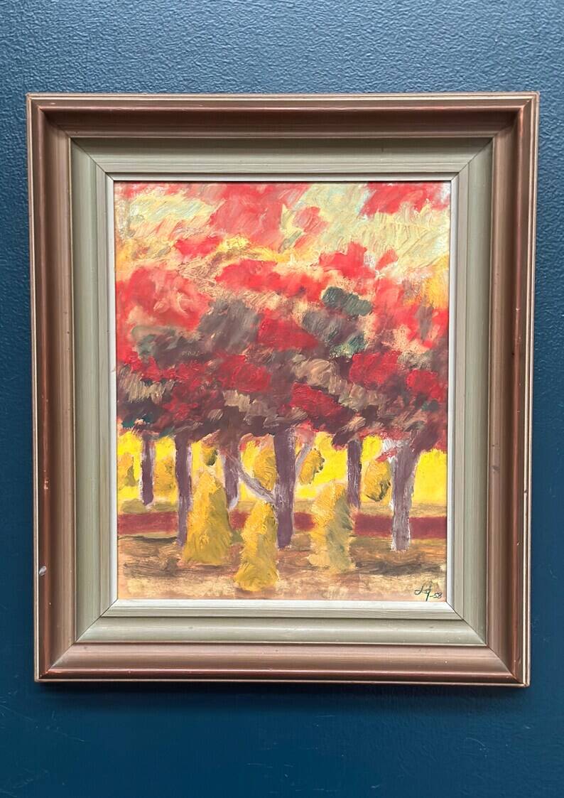 Huile sur panneau originale suédoise "Forêt", signée, vintage et encadrée.