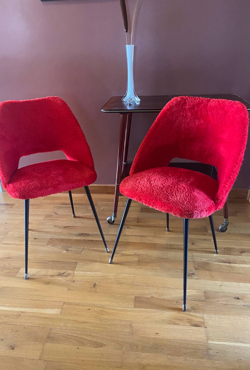 Pair of Pelfran moumoute barrel chairs, vintage from the 60s-70s, compass base.