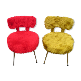 Paire de chaises moumoute Pelfran rouge et jaune-vert, vintage 70's
