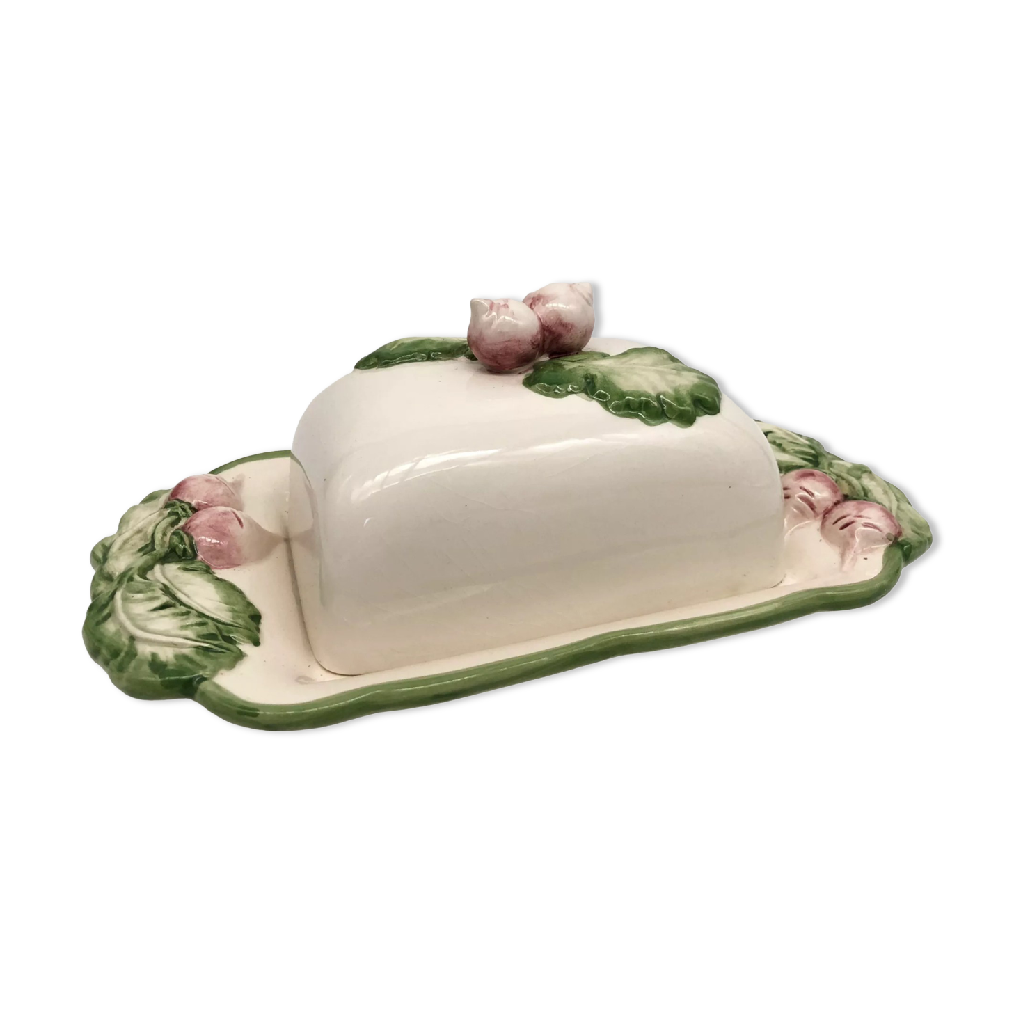 Slurry butter dish, with radish drawings. Signed "FG"
