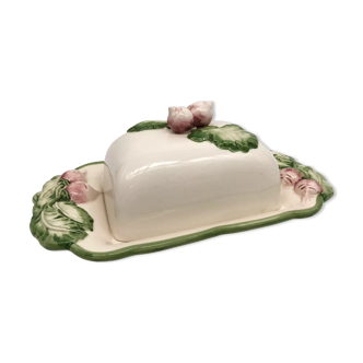 Slurry butter dish, with radish drawings. Signed "FG"