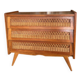 Vintage wooden and rattan chest of drawers with tapered legs.