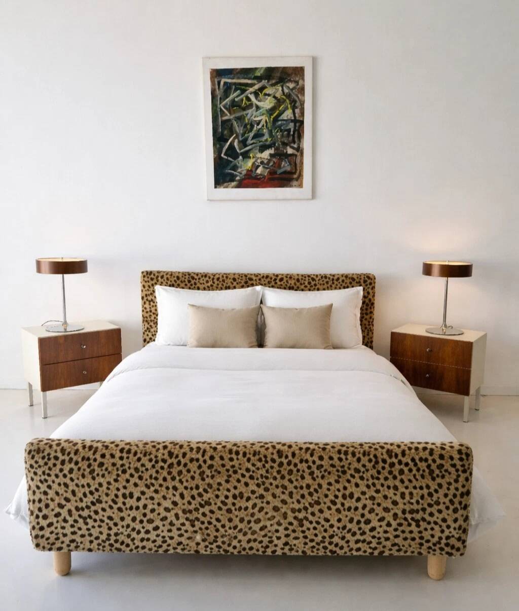 Vintage leopard print bed frame, Hollywood Regency style.