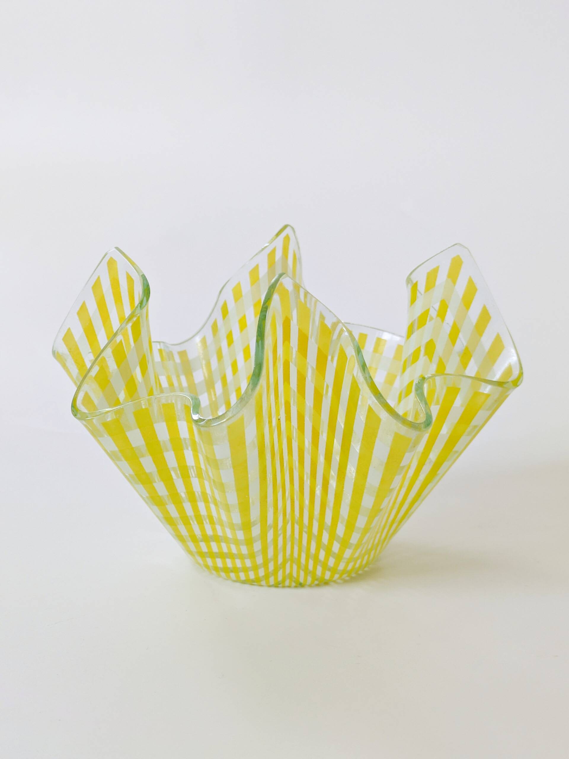 Pair of "Gingham" Chance Brothers cups with yellow checkered pattern and wavy edges.