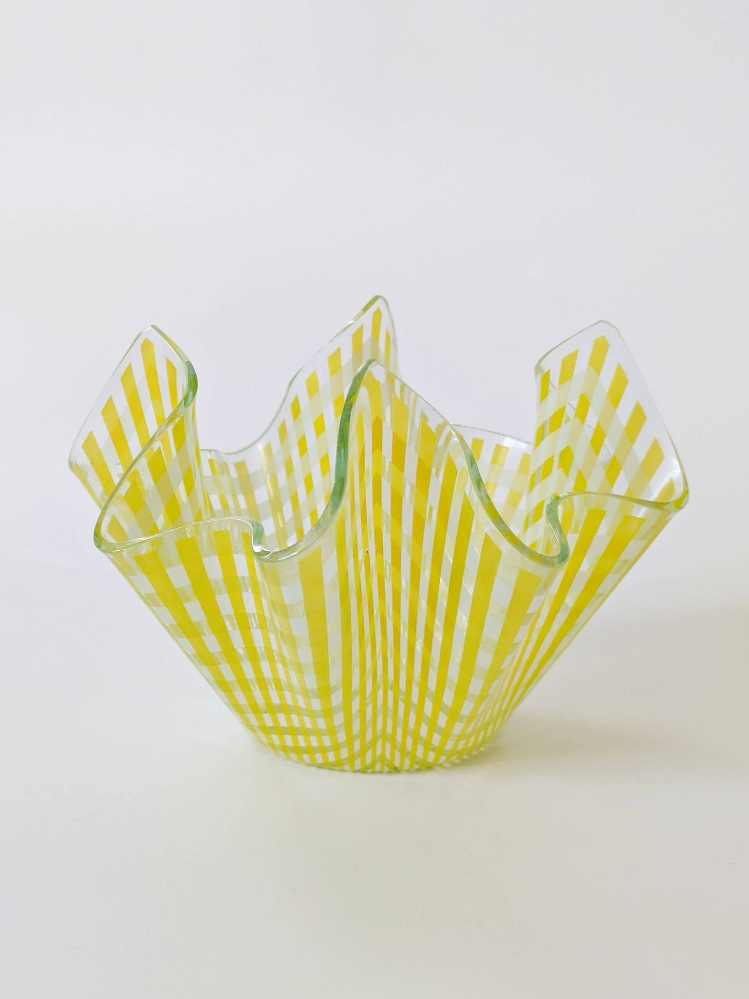 Pair of "Gingham" Chance Brothers cups with yellow checkered pattern and wavy edges.