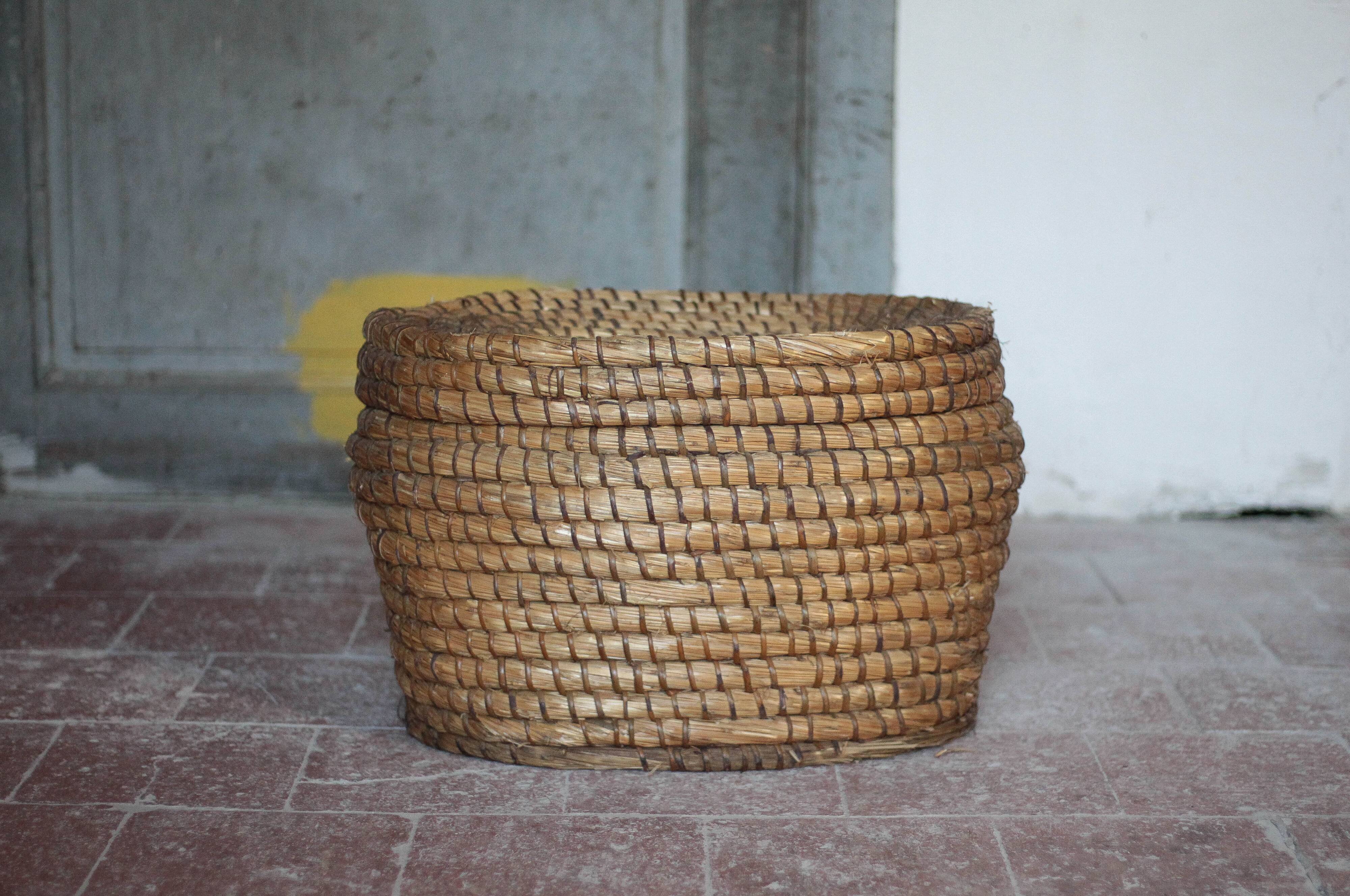 Antique basket, straw and bramble, woven basket with lid
