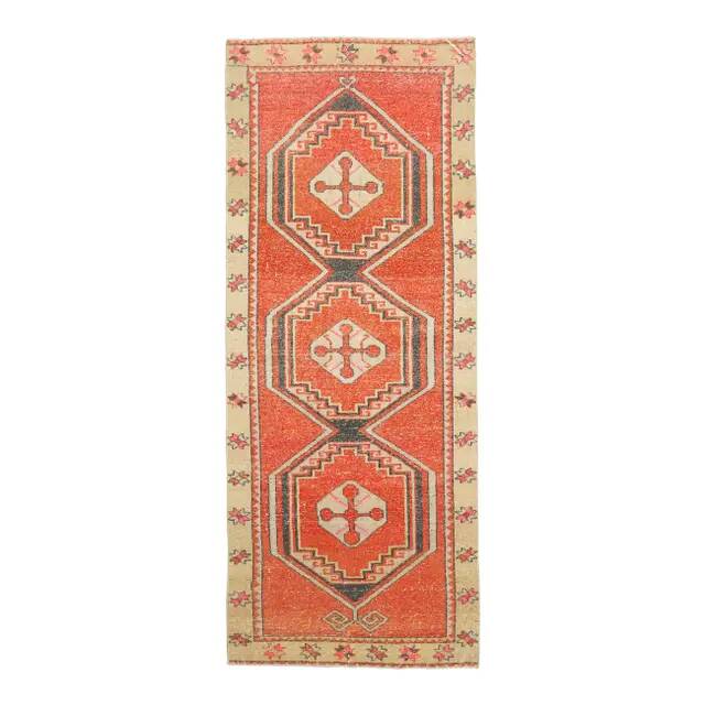 Vintage Turkish Hand-Knotted Wool Cotton Red Runner Rug 100x268