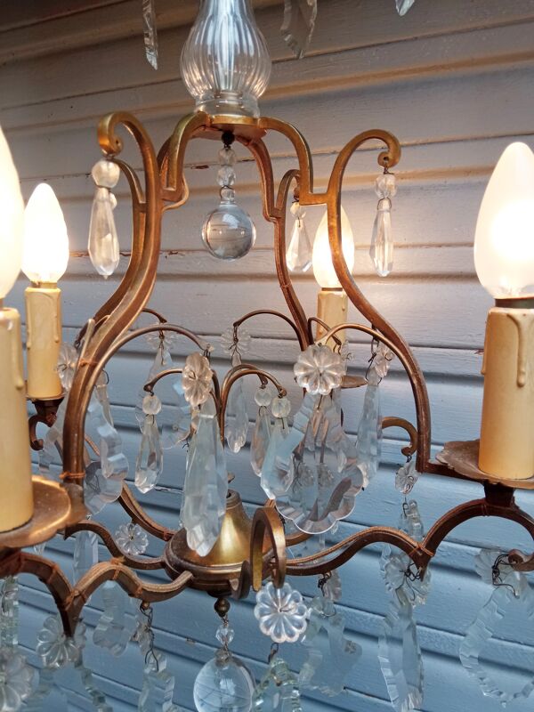 Lustre cage 4 feux à pampilles de cristal