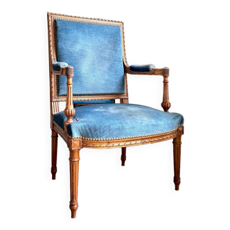 Armchair in chiseled wood and blue velvet, early twentieth century