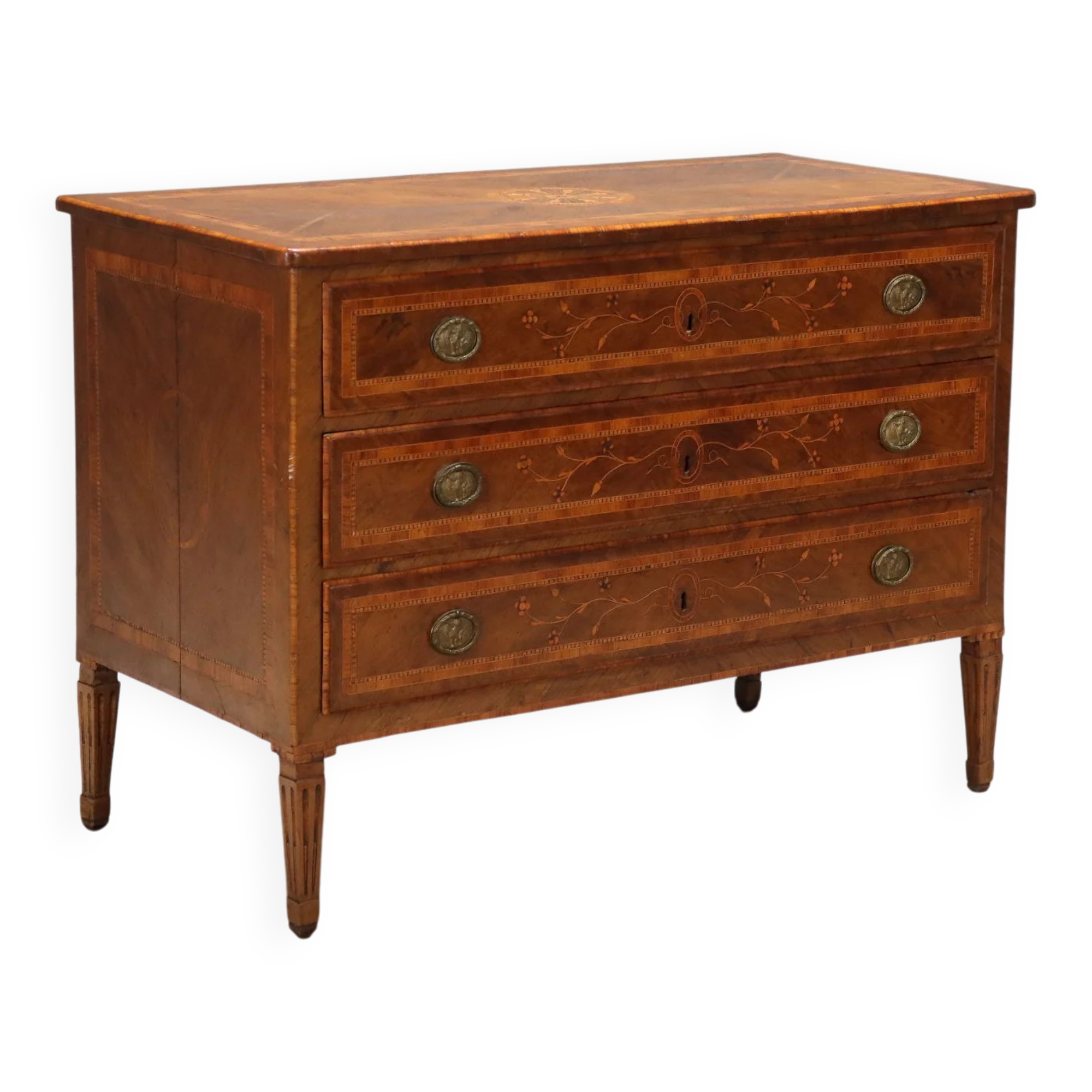 Antique neoclassical walnut commode from the 18th century.