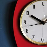 Vintage formica clock silent wall clock asymmetrical "Flash transistor red flower"