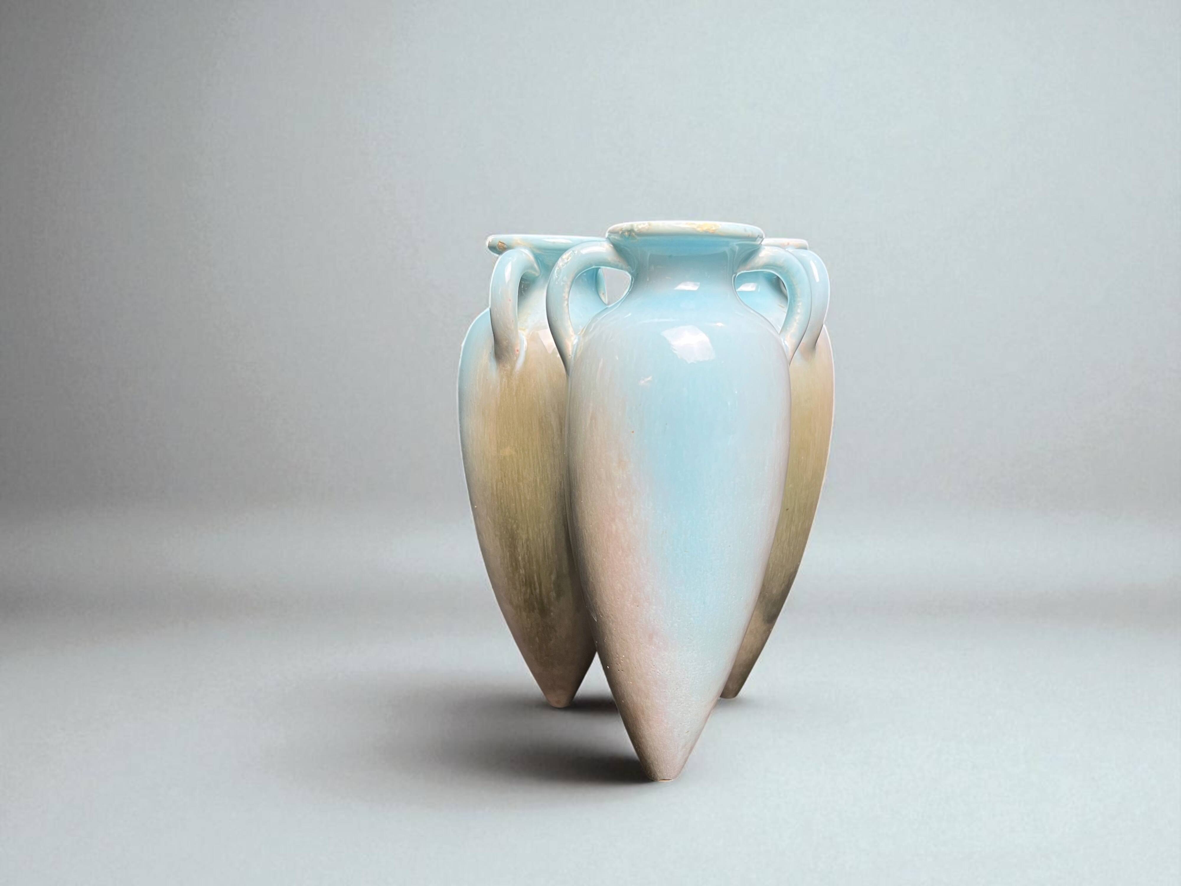 Art Nouveau, small triple amphora vase, glazed earthenware, Massier, circa 1900