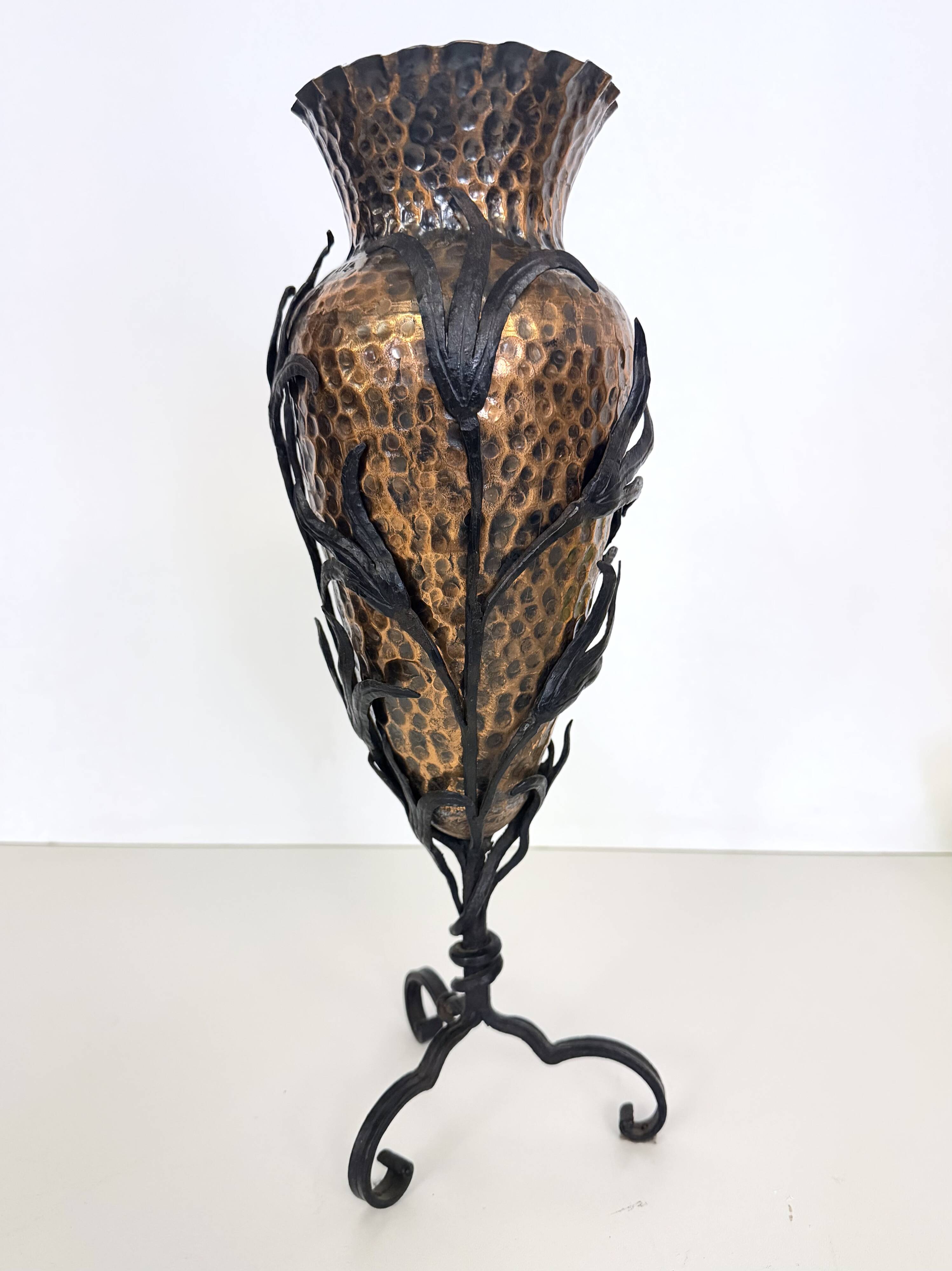 Copper Vase with Wrought Iron Snake and Leaves attr. to Alessandro Mazzucot