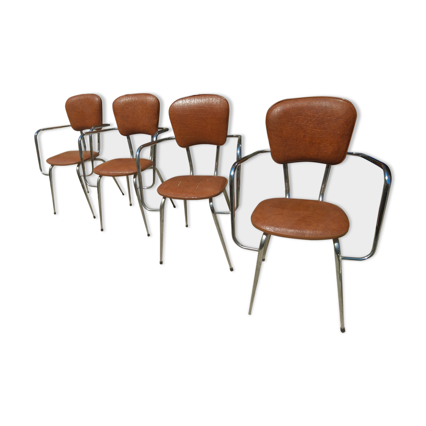 Set of 4 armchairs in chromed metal and brown imitation leather, circa 1960