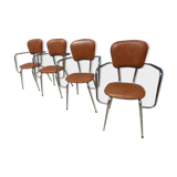 Set of 4 armchairs in chromed metal and brown imitation leather, circa 1960
