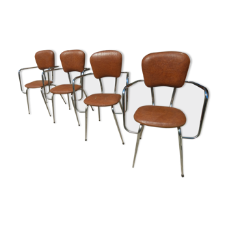 Série de 4 fauteuils en métal chromé et skaï marron vers 1960