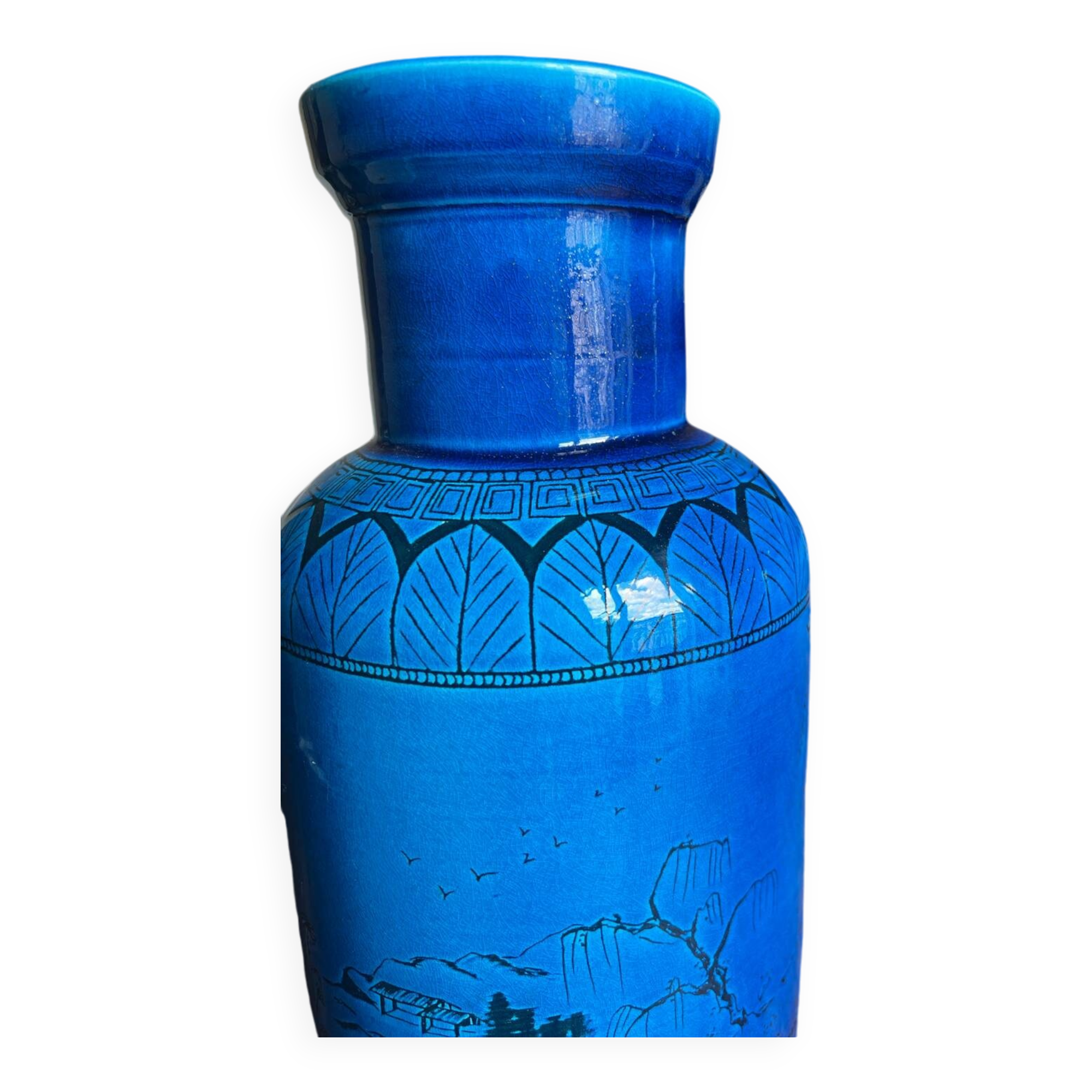 Large blue ceramic vase with Chinese motifs