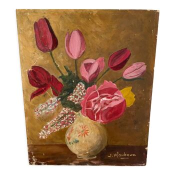 Peinture sur panneau fleurs dans un vase