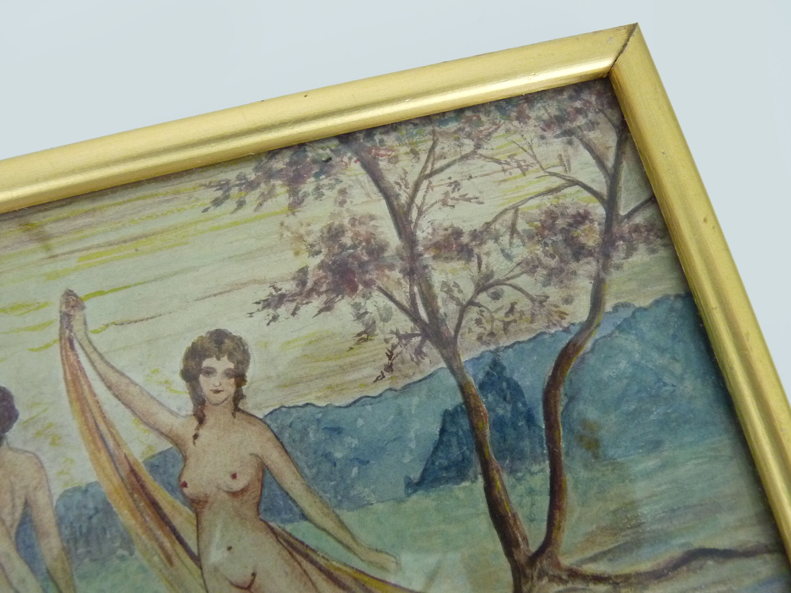 Mixed technical drawing 3 women dancing naked, 3 women in the bath. Signed. Year 20 30