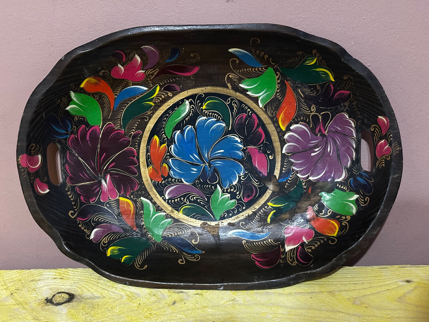 Mid-century hand-painted floral decorative tray / catchall 49 cm / 33 cm