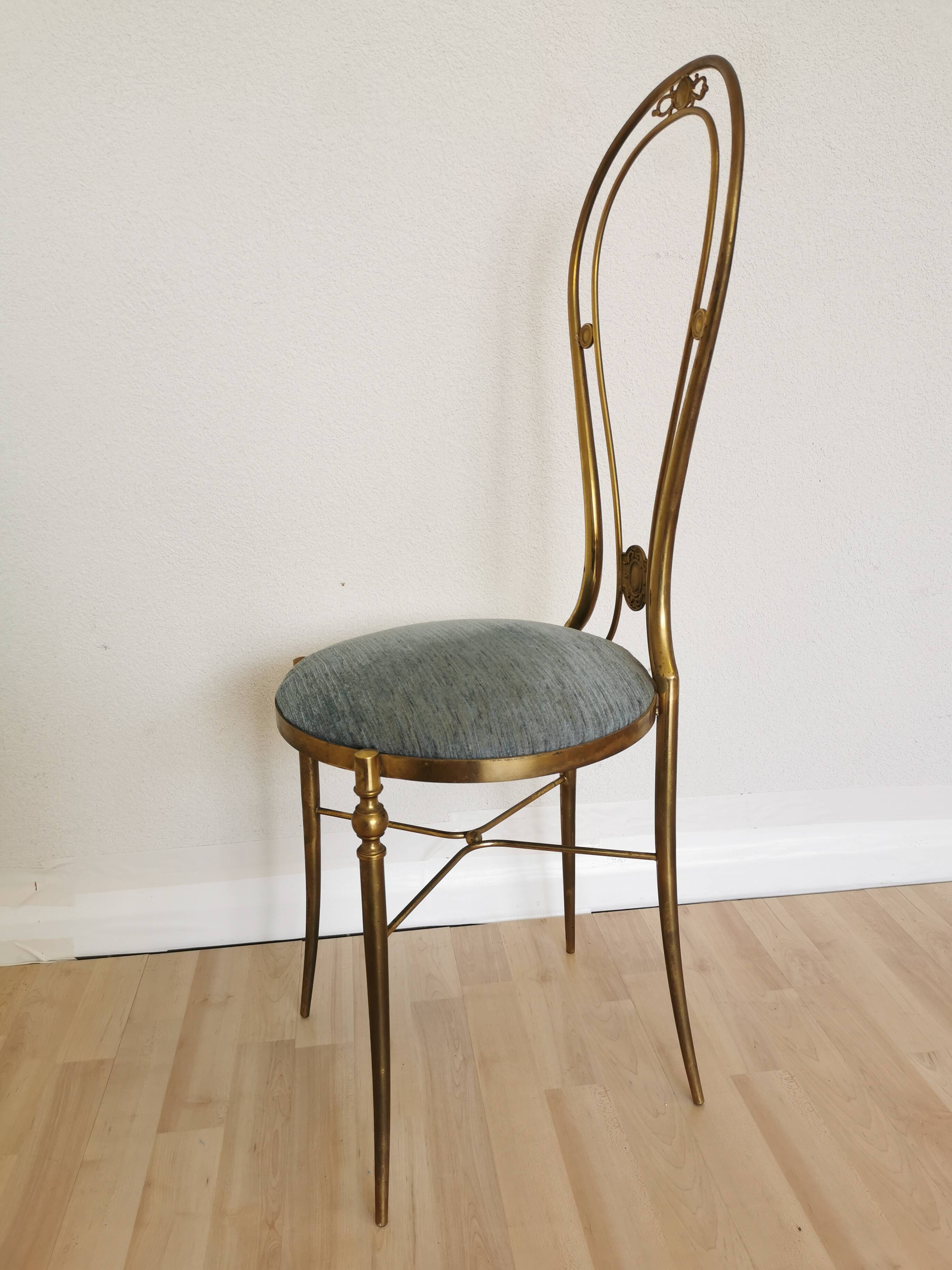 Vintage Paolo Buffa Brass Vanity Chair: Chiavari Style, Blue Fabric, 1950s