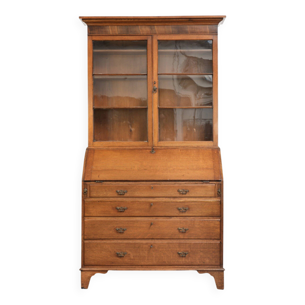 Bibliothèque/secrétaire en chêne anglais antique du XVIIIe siècle avec verre d'origine.