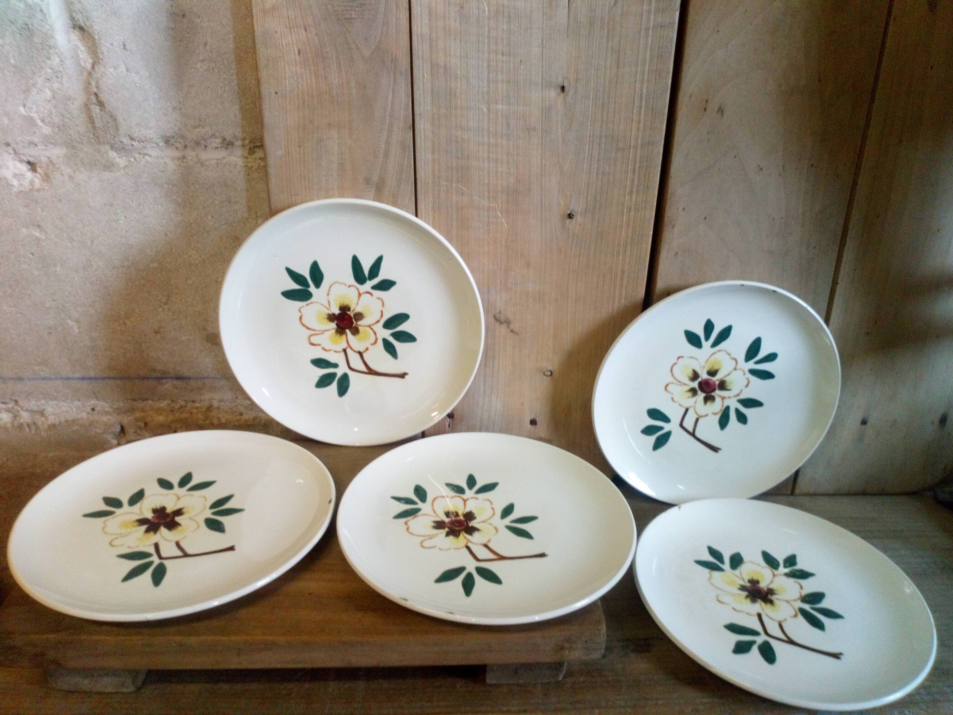 Five flowery dessert plates from continental earthenware