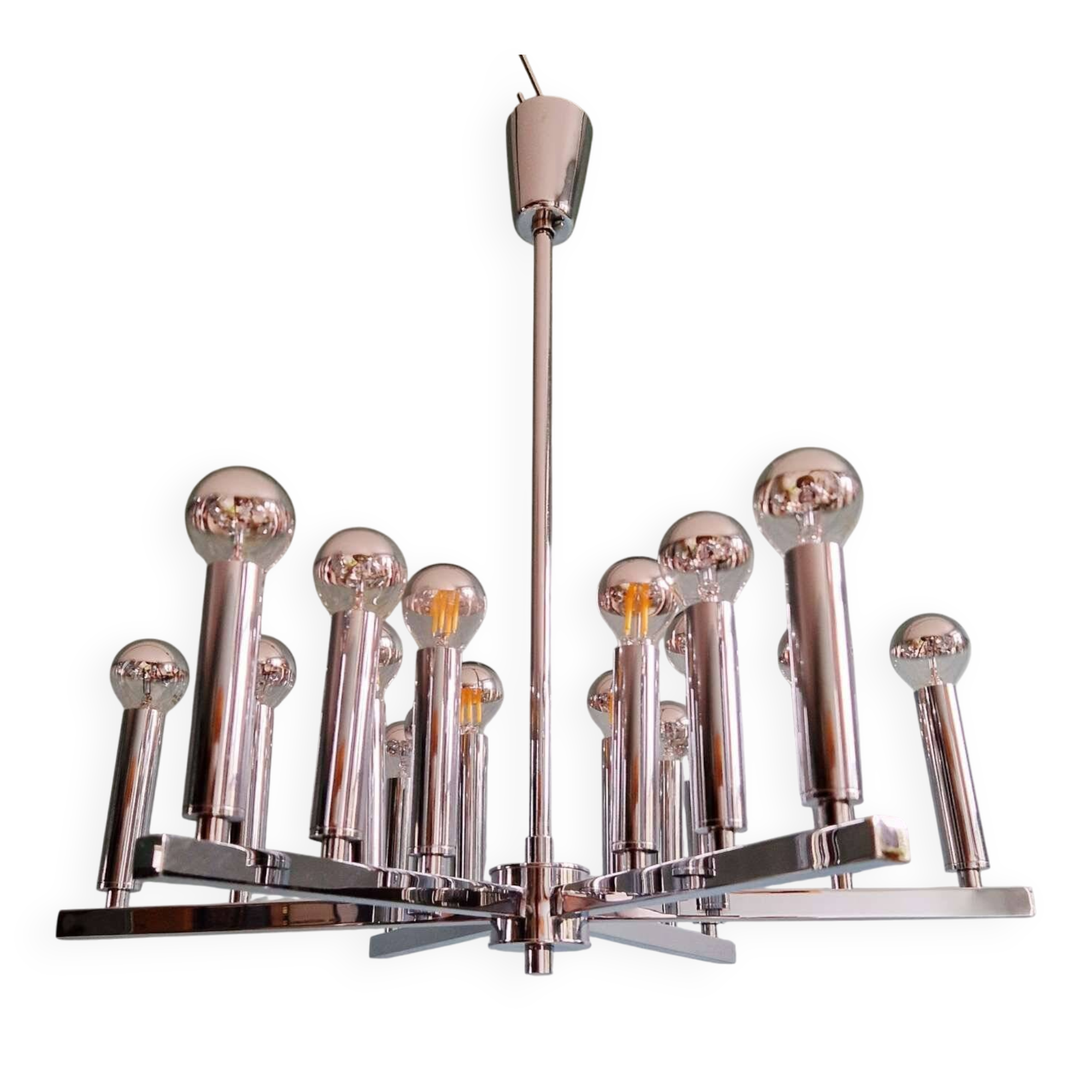 Space Age chandelier in chromed metal, 18 light points, 1970