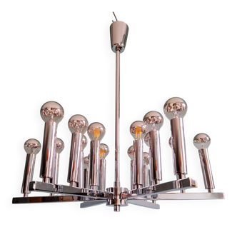 Space Age chandelier in chromed metal, 18 light points, 1970