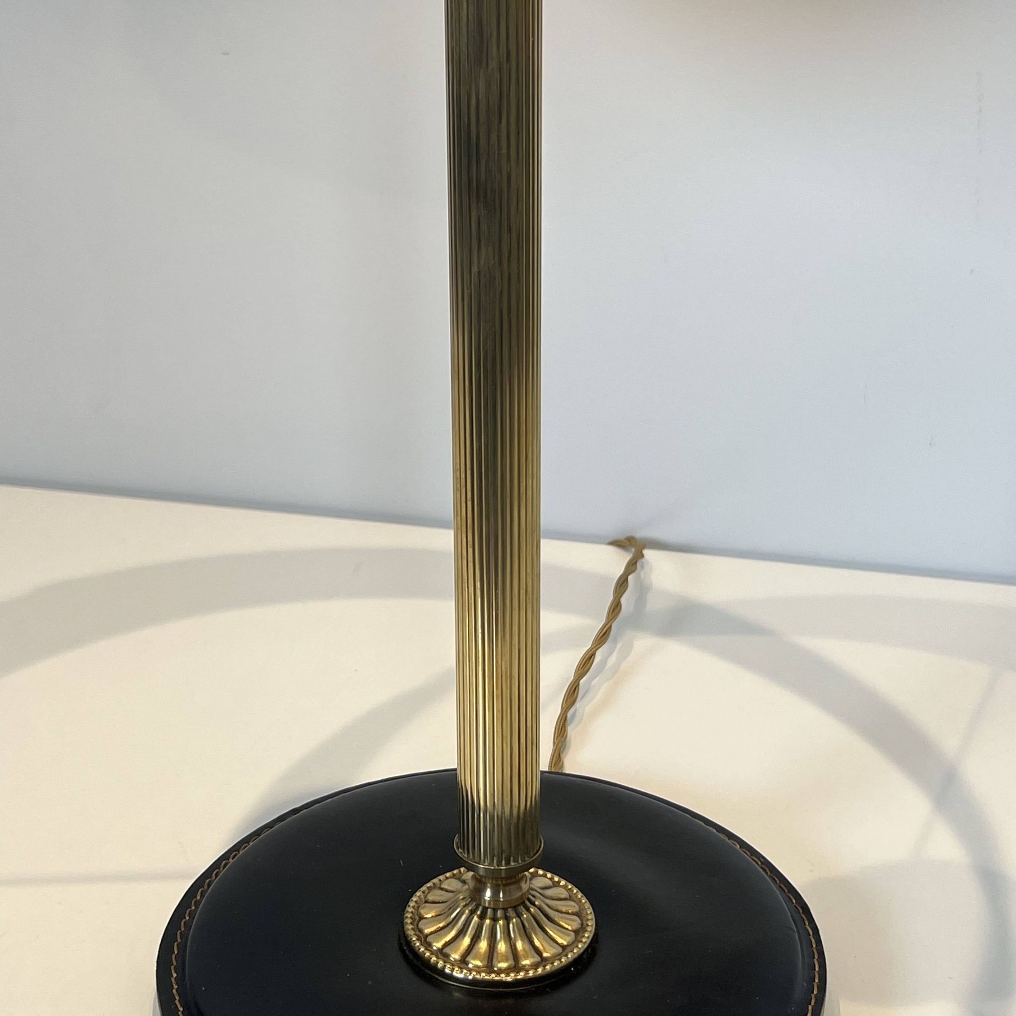 Black Quilted Leather Table Lamp and Golden Brass. French Craftsmanship.