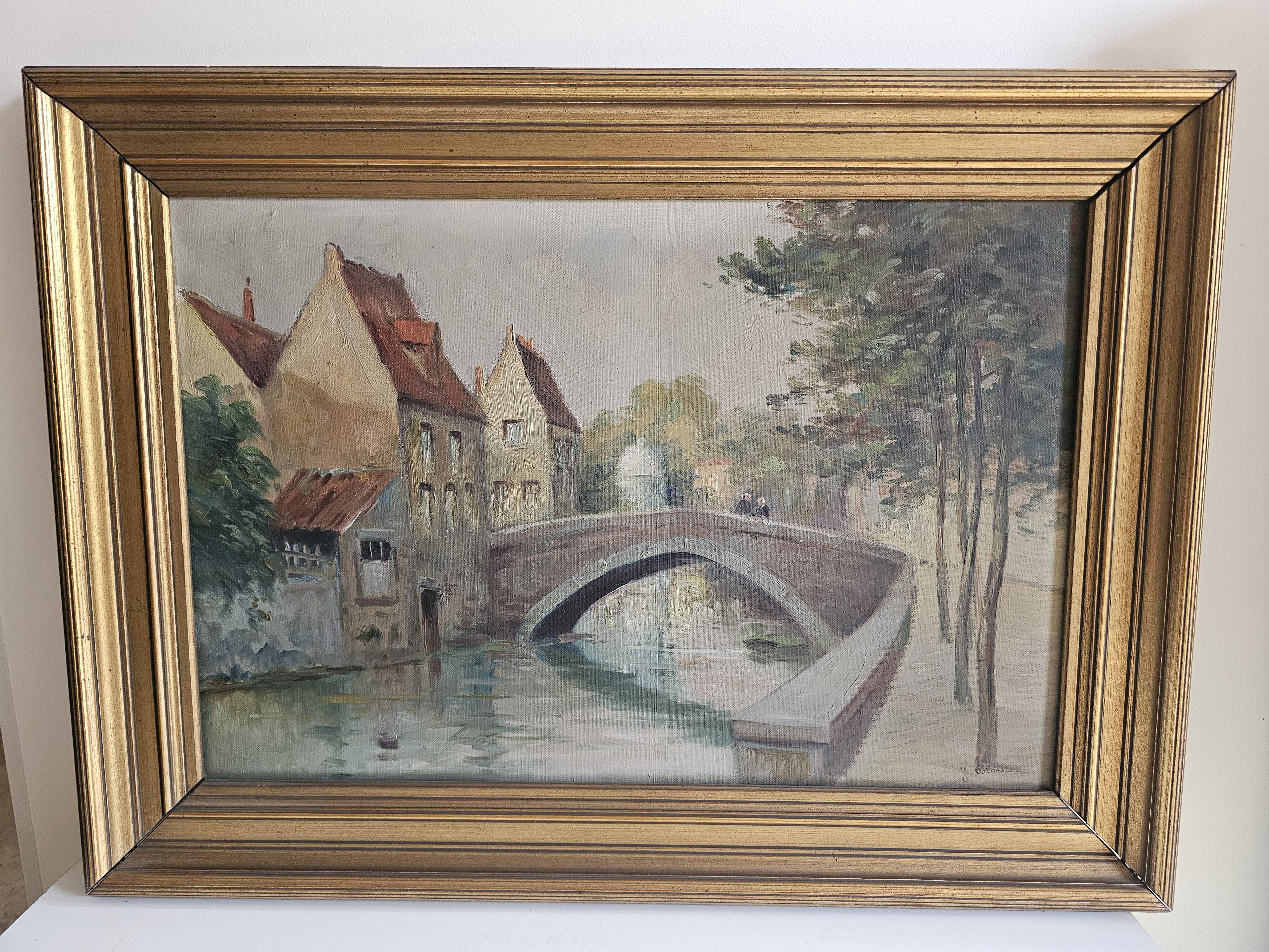 Oil on Canvas Landscape The Old Canals of Bruges - Signed Glossier
