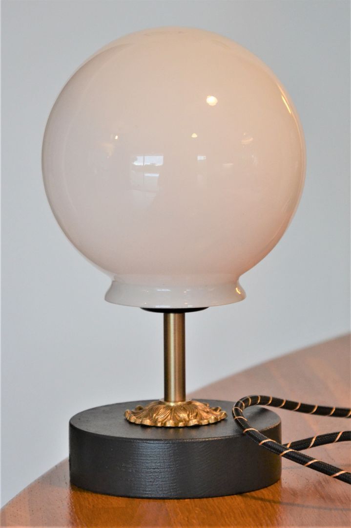 White vintage globe table lamp, black and gold finishes