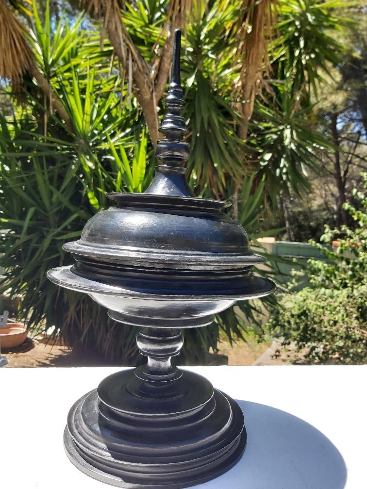 Ancient Burmese laywood offering pot