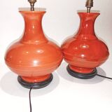 Pair of old ceramic vase lamp bases in orange gourd shape