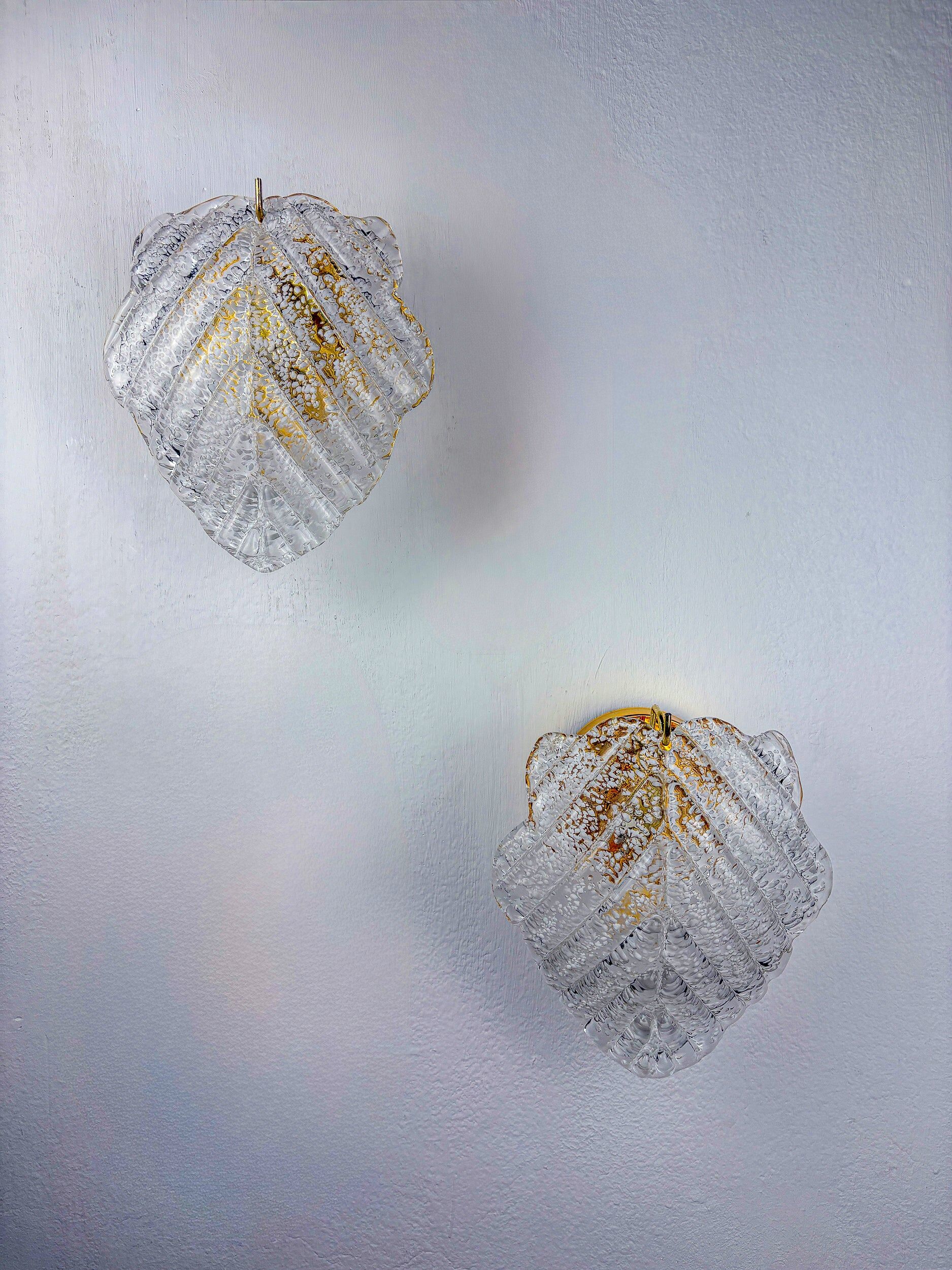 Pair of "Leaf" frosted Murano glass wall sconces, Italy, 1970s