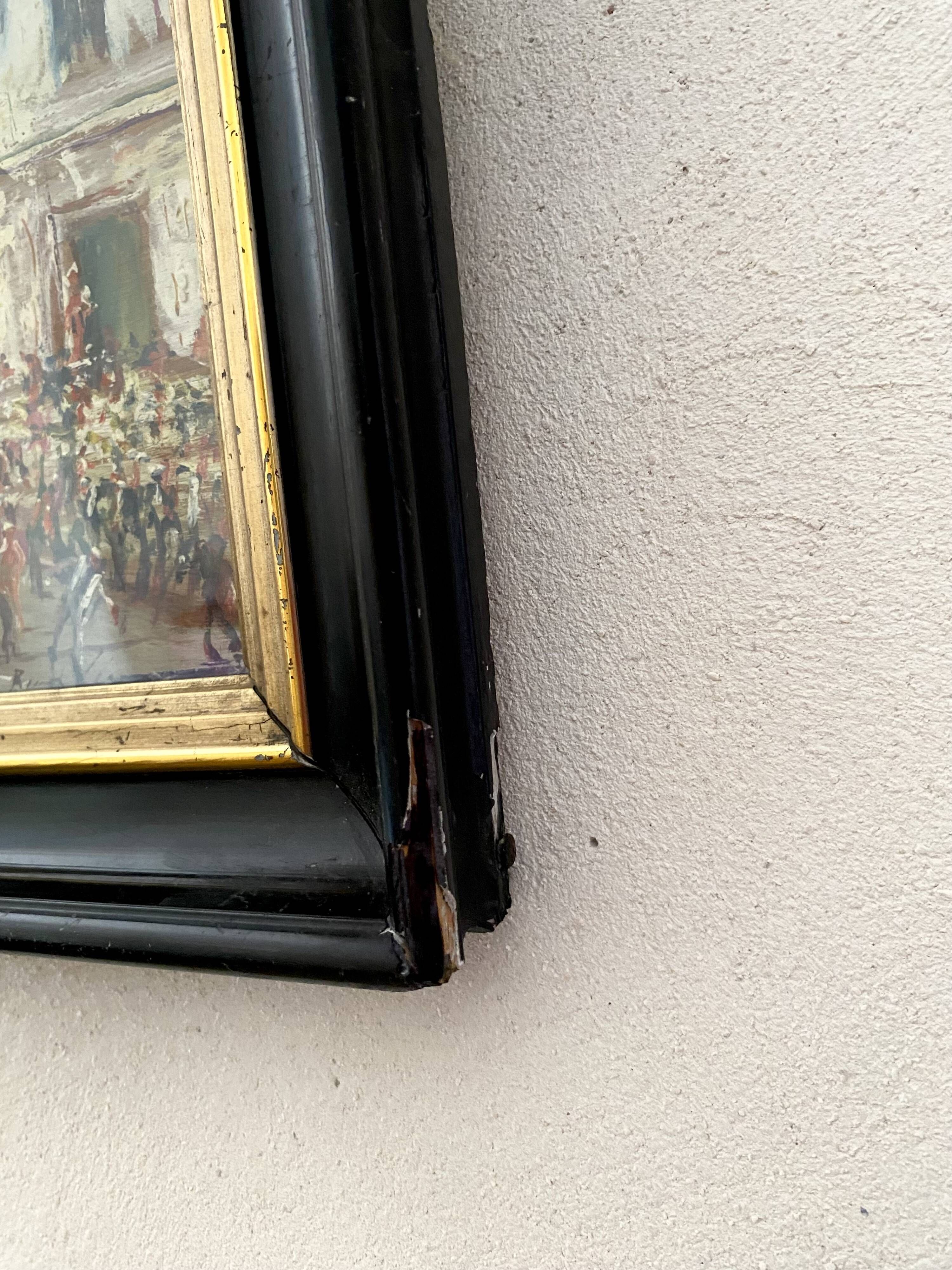 Oil painting "Sicilian Feast" in glass, 19th-century wooden frame.