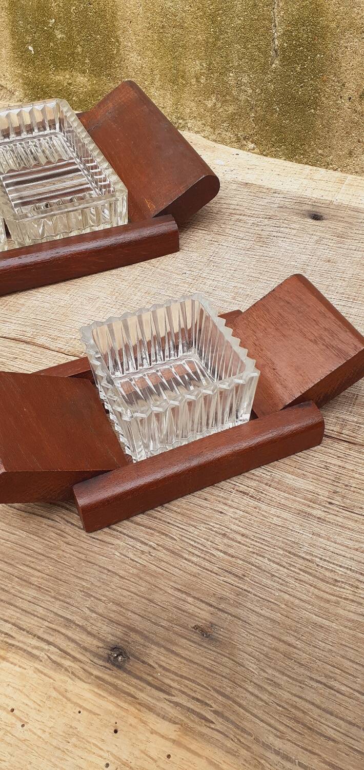 Vintage aperitif tray in oak and molded glass from the 50s
