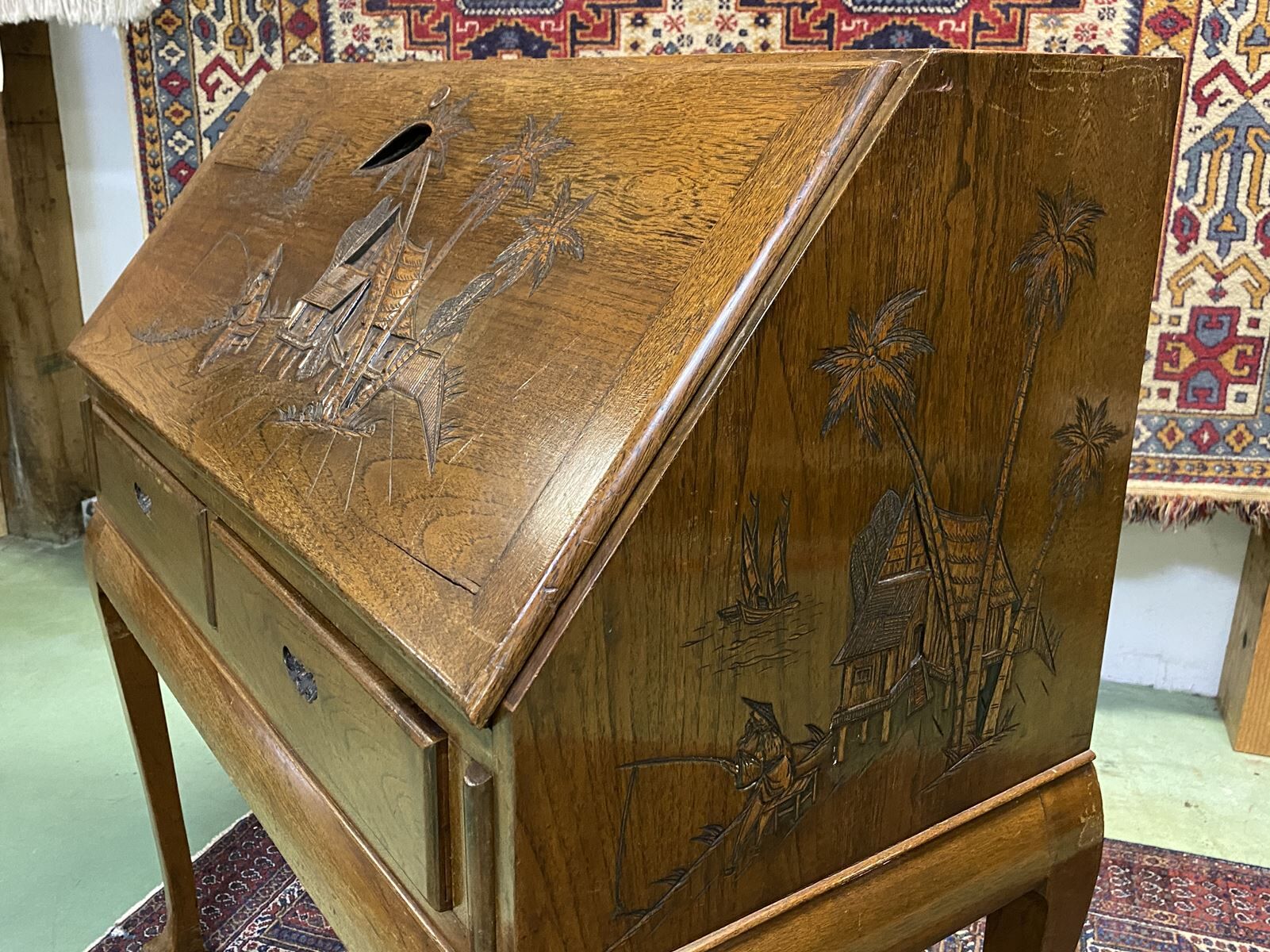 Asian-style teak secretary, 1970s manufacturing
