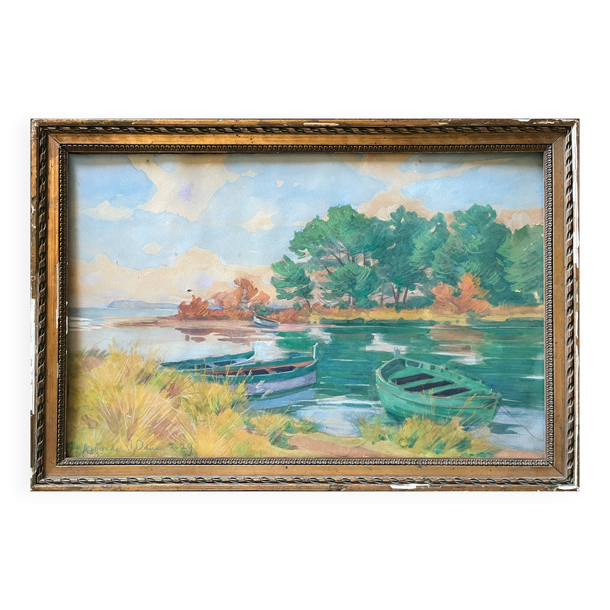 Gouache Painting Jacques Louis ODIER (1853-1930) l'Aiguade Porquerolles 1929