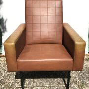 Ancient 70s brown black metal legs armchair wood vintage