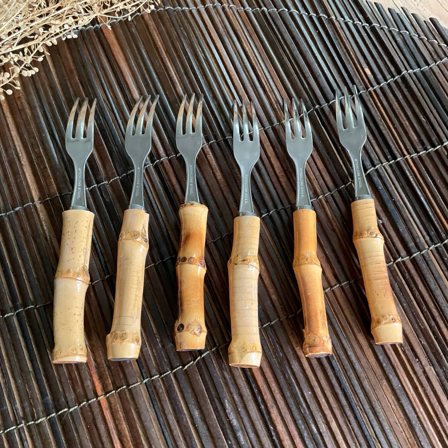 6 small vintage bamboo forks