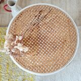 Antique stool with wood and cream caning.