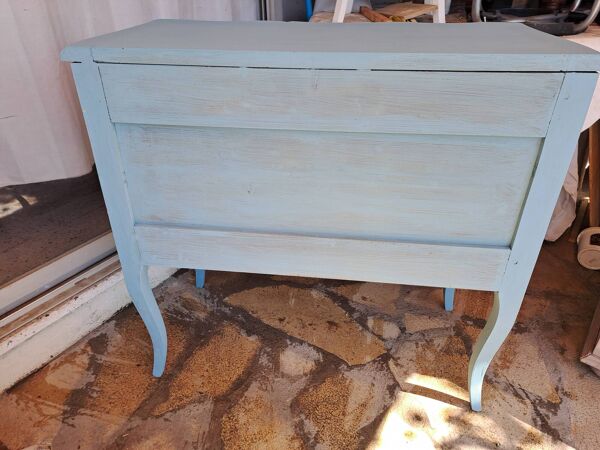 Commode en bois massif repeint bleu lagune style Louis XV à 2 tiroirs