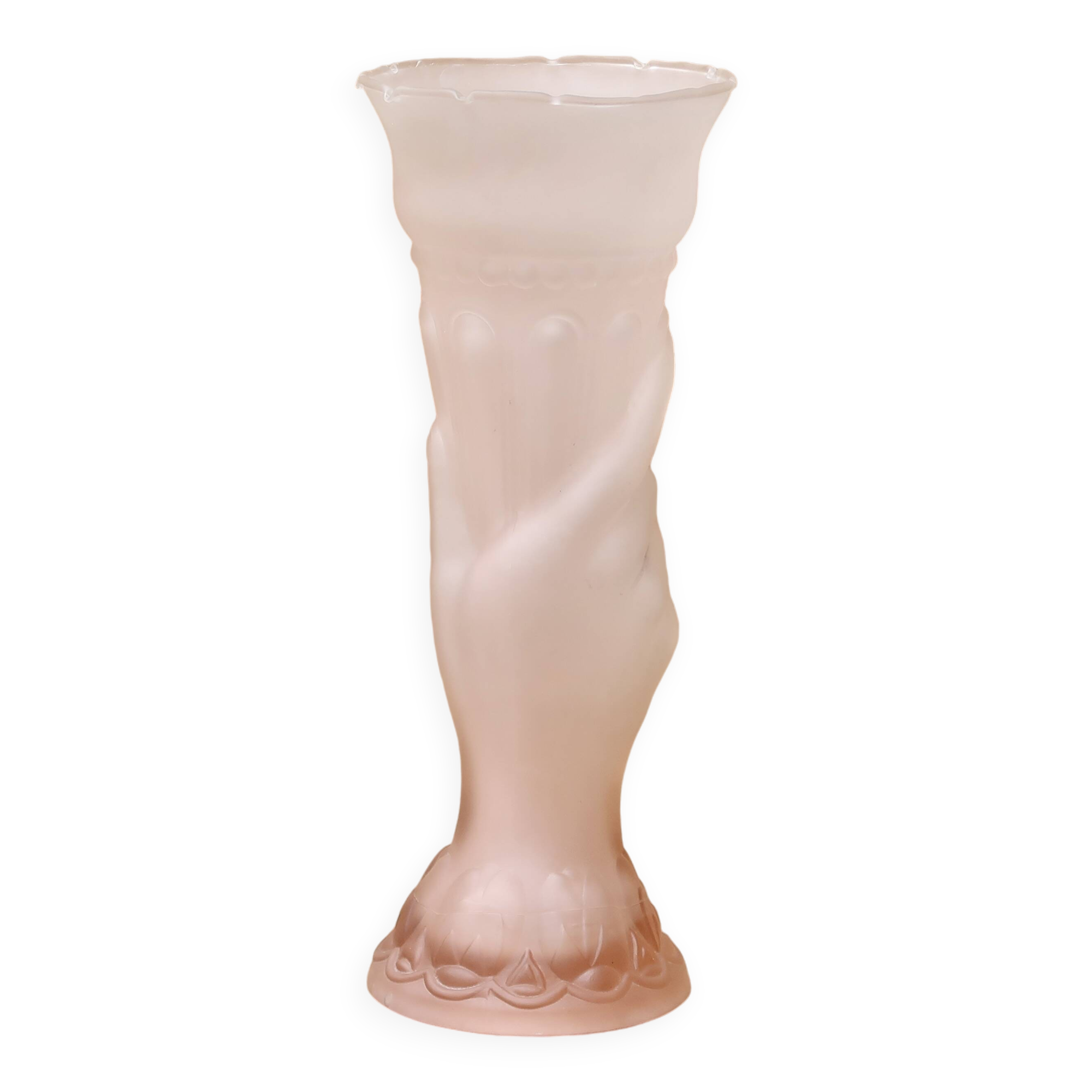 Pale pink glass vase decorated with a hand, 1960s